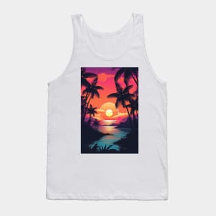 Illustration of an 80s Synthwave retro sunset with palm trees on the beach Tank Top